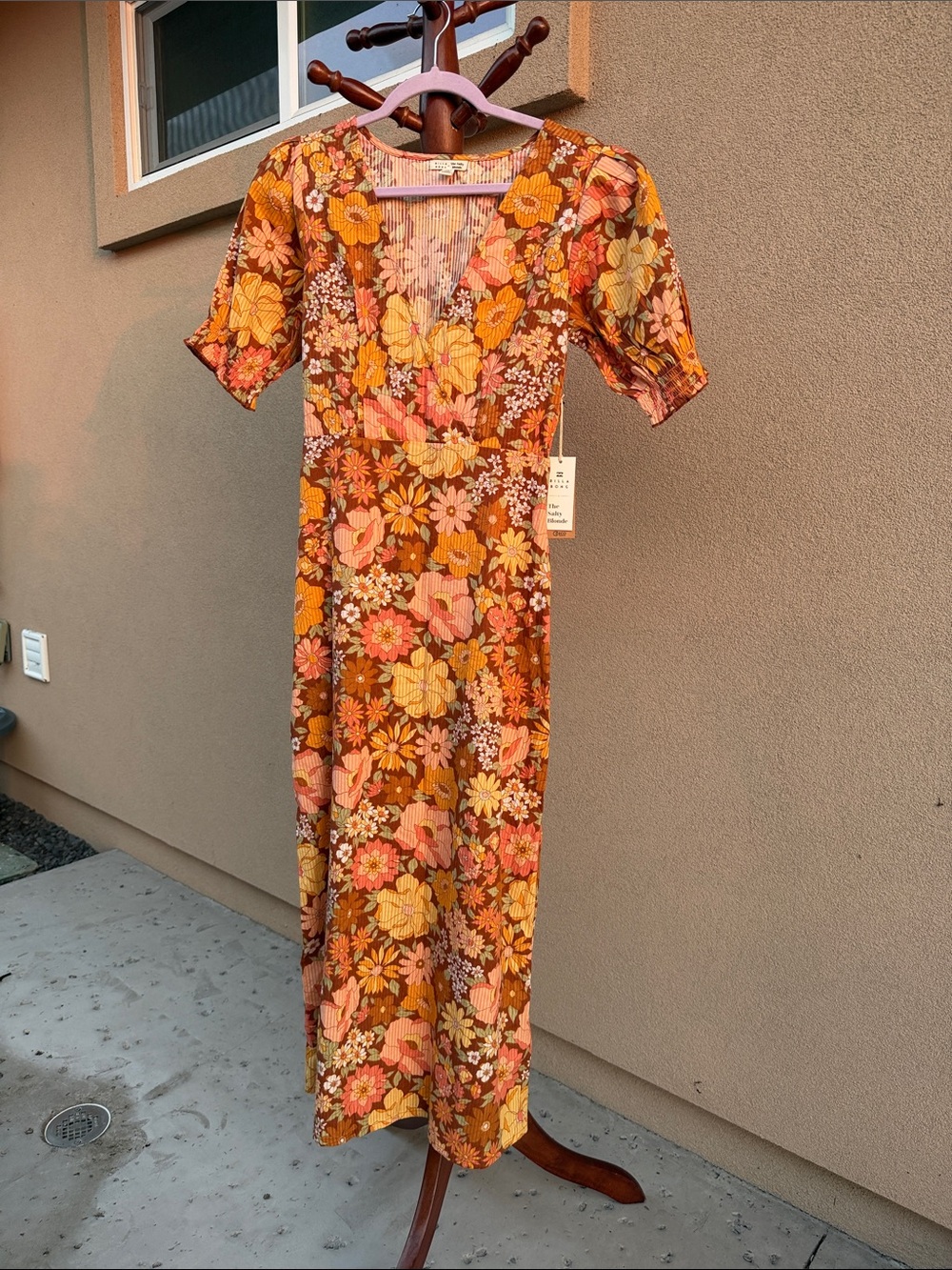 Billabong Rust Orange Floral Wrap Dress with Yellow & Pink Flowers